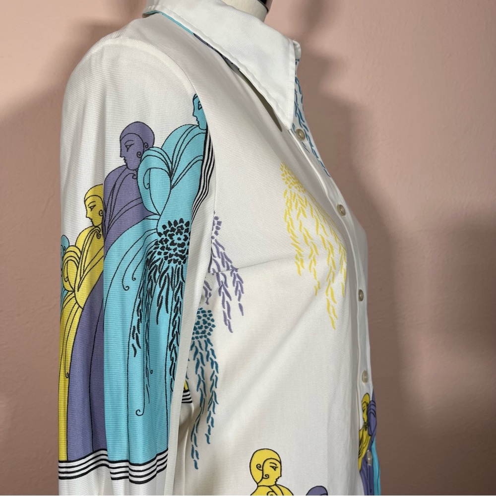Vintage 1970 Mod Art Deco Lady Print Dagger collar Blouse - Picture 4 of 17